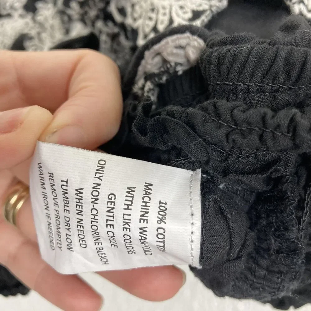 Monograph Anthropologie Blouse XL Black Embroidered Floral Ruffle Crop Top Boho - Picture 15 of 15